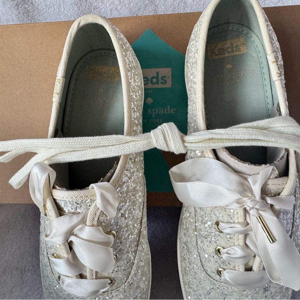 kate spade Glitter Ribbon Sneakers in Cream and Gold